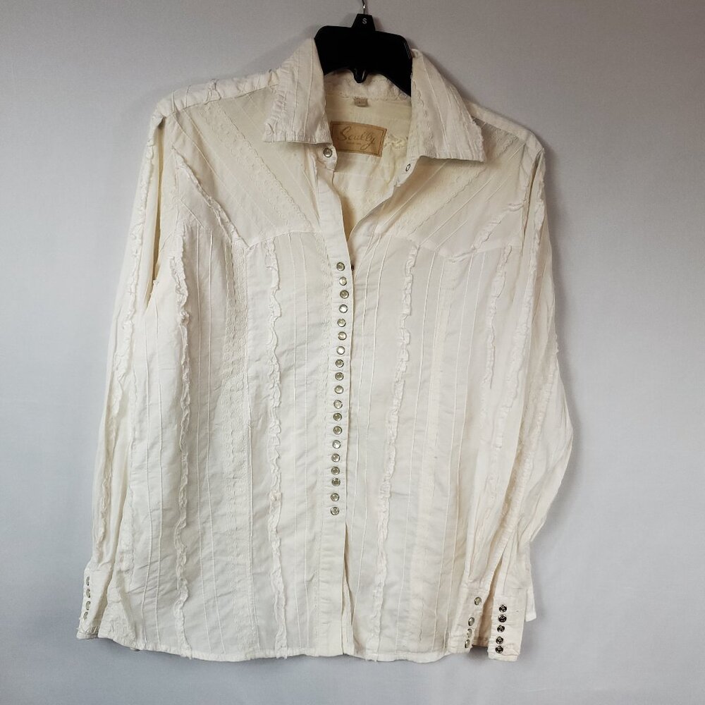 Scully Western Ln Slv Off White Ruffle Pearl Snap V Neck Collared Womens Sz Lrg
